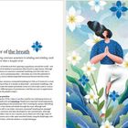 Text: "Power of the breath. How bringing conscious awareness to inhaling and exhaling..." Illustration: Eine Person meditiert, umgeben von Blumen.