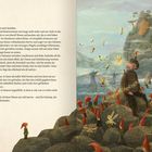 Text: "Morius folgte der Helie nach draußen. Er spürte das Leben..."  
Illustration: Morius umgeben von kleinen, geflügelten Kreaturen, Gnome auf Felsen, magische Atmosphäre.