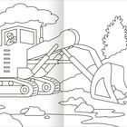 Illustration eines Baggers, der Erde bewegt. Ein lächelnder Arbeiter schaut aus der Kabine, Bäume im Hintergrund.