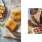 Mozzarella in Carrozza – Mozzarella in der Kutsche. Links frittierte Snacks, rechte Seite zwei Personen mit getrockneten Tomaten.