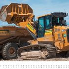 "Mai" und Datum unten. Bagger mit "Eberhard"-Logo lädt Erde in einen Muldenkipper.
