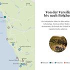 Von der Versilia bis nach Bolgheri. Karte zeigt Orte an der toskanischen Küste mit Symbolen für Restaurants, Bars und mehr.