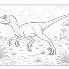 Illustration eines Dinosauriers mit offenem Maul. Im Hintergrund sind Berge und Palmen zu sehen.