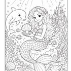 Illustration einer Meerjungfrau mit Krone in der Hand vor einem Schloss, umgeben von Muscheln und Pflanzen.
