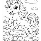 Ein fröhliches Einhorn mit zwei Herzmustern, das über eine Blumenwiese springt, inmitten von Wolken und Blumen.