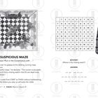 Textausschnitt: "A SUSPICIOUS MAZE", "MYSTERY: Where is the missing watch?", "ANSWER:"

Illustration von Professor Plum in einem schwarz-weißen Wintergarten-Labyrinth.
