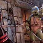 Ein grüner, schildkrötenartiger Charakter in Rüstung hält ein Schwert, gekleidet als Ninja. Eine weitere Figur mit Samurai-Frisur.