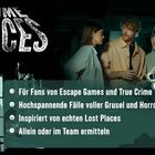 "Crime Places" Logo; Text: Für Fans von Escape Games, spannende Fälle, inspiriert von Lost Places; Gruppe in dunkler Umgebung.