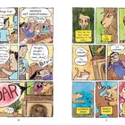 Links: Diskussion über Bildung, Kinder wollen nicht. Rechts: Tiere dargestellt, Katze führt ein. Comics im farbenfrohen Stil.