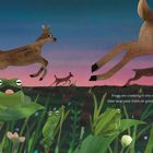 Text: "Frogs are croaking in the reeds, Deer leap past them at great speed."

Illustration: Frösche sitzen im Grünen, Rehe springen.