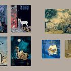 Eine Sammlung von Illustrationen; märchenhafte Szenen: Figuren mit Tieren im Wald, düstere und magische Atmosphären.