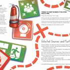 Text über Brandschutz und Übungen. Tipps bei Feuer: laut "Feuer!" rufen, Türen prüfen, geduckt bleiben, Hilfe holen. Zeichen für Fluchtweg und Feuerlöscher.