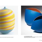 Links: "Isako Suzuki, Nerikage Vase." Rechts: "Ann Van Hoey, Duo In Blue." Zwei kunstvolle blau-gelbe und blaue Keramiken.