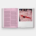 Links: Text auf rosa Hintergrund, Biografie von Yayoi Kusama. Rechts: Foto einer Frau in rotem Kleid, liegend zwischen weißen Skulpturen.