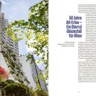 "50 Jahre Alt-Erlaa – Ein (Harry) Glücksfall für Wien" ist in großer Schrift. Wohnanlage mit üppigem Grün an Fassaden.