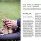 Titel: WAS ZWISCHEN MENSCH UND HUND PASSIERT. Links: Hundekopf auf Beinen, gehaltene Pfote sichtbar.