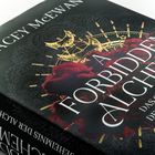 „STACEY McEWAN“, „A FORBIDDEN ALCHEMY“, „DAS GEHEIMNIS DER ALCHEMISTIN“; roter Rauch, goldene Monde, schwarzer Hintergrund.