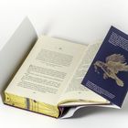 Ein offenes Buch mit einem Flyer. Auf dem Flyer steht "LIZA ANDERSON". Ein goldener Vogel trägt einen Schlüssel.