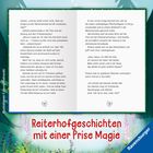 Texte: Reiterhofgeschichten mit einer Prise Magie, Ravensburger. 

Buchseite: Dialoge über magische Ponys und Alltag. 

Illustration: Bunte Blumenranken rahmen den Text.