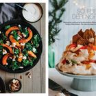 Links: Grünkohlsalat mit Ofenkürbis. Rechts: Winter-Pavlova mit Orange & Pfefferkuchen, dekoriert mit Kekshäusern.