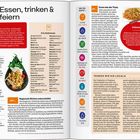 "Essen, trinken & feiern" steht oben. Es gibt Abschnitte über Restaurants, Märkte, regionale Küchen und Preise wie Cocktail 250-450 ฿. Unten links ein Bild von Essen.