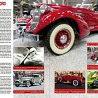 AUBURN / CORD. Großes Bild eines knallroten Oldtimers mit weißen Reifen. Vier kleinere Bilder von Autos und einer Frau, die fährt.