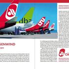 "4 GEGENWIND 2008–2011", "airberlin", "2008 erhielt Air Berlin ein neues Logo". Eine Reihe von Flugzeugen am Boden, Heckflossen sind sichtbar.