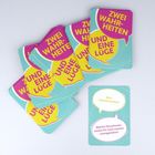 Text: "Zwei Wahrheiten und eine Lüge", "Star-Schwärmereien", "Welche Situationen waren für mich extrem unangenehm?" 
Mehrere bunte Karten.