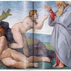 Eine farbenfrohe Renaissance-Malerei zeigt drei Personen in einer biblischen Szene.