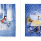 Eine Illustration zeigt links ein Kind am Fenster im Schnee, rechts zwei Kinder im Bett. Schlafzimmerdetails sind sichtbar.