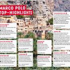 "Die Marco Polo Bucketlist", "Das musst du in Oman erlebt haben". Liste mit Erlebnissen in einer Wüstenlandschaft.