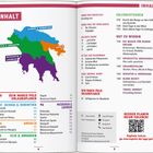 Links oben steht "INHALT". Darunter eine Karte, die Regionen in verschiedenen Farben zeigt: ACHAIA & KORINTHIA, ARGOLIS, ELIS & ARKADIEN, MESSENIEN & LAKONIEN. Rechts eine Liste mit Themen und Seitenzahlen, z.B. "DEIN MARCO POLO URLAUBSPLANER", "Erlebnistouren" und "Gut zu wissen". Unten rechts steht "BESSER PLANEN MEHR ERLEBEN!" mit einem QR-Code.
