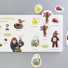 "Hallo Frühling! Schau nur, was jetzt überall wächst!" Mit Bildern von Blumen, Tieren und einem Kind im Hasenkostüm.