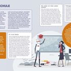 Text im Bild: "KI MACHT SCHULE", "Buchstäblich klüger", "KI in der Schule", "Was sollte ich lieber selbst machen?", "Prüfungen im Wandel", "Macht KI das Gehirn faul?". Illustration eines Roboters an einer Tafel.