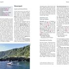 **Texte:**  
- Top 5 der schönsten Strände: Praia do Porto Pim, Praia da São Lourenço, Praia da Vitoria, Praia da Almoxarife  
- Wassersport  
- Kajakfahren und Stand-up-Paddeln
- Schnorcheln und Tauchen  

**Illustration:**  
Ein Motorboot fährt vor einer felsigen Küste.