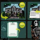 HOW-TO CRIME PLACES, SPIELSCHRITTE. Schritt 1: Anweisungen befolgen. Schritt 2: Lost Place entdecken. Schritt 3: Rätsel beantworten. Schritt 4: Den Fall lösen. Eine detaillierte Illustration zeigt eine verlassene Villa und ein Skelett.