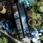 Buch "Devoured" von Jordan Stephanie Gray, dekoriert mit blauen Blumen und Pflanzen. Geometrisches Hintergrundmuster.