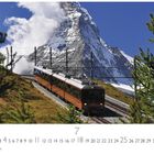 Text: „Matterhorn, Casares Edition“. Eine orange Bahn fährt durch gebirgige Landschaft mit dem schneebedeckten Matterhorn.