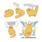 Sprechende Katzen begrüßen den Leser in einem Buch. Eine Katze zeigt sich mit Flügeln. Text: Oh, hallo. Willkommen in meinem Buch!