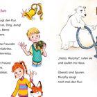 „Das Päckchen“: Murphy saugt, es klingelt, Benni mit Schildkröte Henrietta und Ida mit Fuchs Rabbat kommen. Links Kinder, rechts weißer Bär mit Staubsauger.