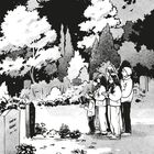 Illustration: Eine Gruppe von fünf Menschen steht vor einem Grabstein in einem friedlichen, bewaldeten Friedhof.