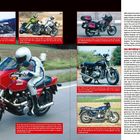 Oben rechts in Rot: "KAWASAKI". Unten rote Box: Beschreibung einer Kawasaki neben einem Motorradfahrer in Lederkleidung.