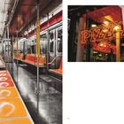 Text: „PIZZA“ in leuchtenden Buchstaben. Eine leere U-Bahn mit orangefarbenen Sitzen. Darunter steht klein „NEW YORK“.