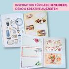 Oben steht: "INSPIRATION FÜR GESCHENKIDEEN, DEKO & KREATIVE AUSZEITEN". Bücher mit dekorativen Bildern und Mustern.