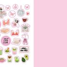 Sticker mit Texten: "yes, girl", "SELF LOVE CLUB", "slay the day". Illustrationen von Pflanzen, Getränken, und Accessoires.