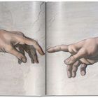 Zwei Hände in der Mitte, die sich fast berühren, auf einer aufgeschlagenen Seite eines Buches. Eine bekannte Illustration.