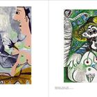 Links: "Pablo Picasso, The Artist and His Model, 1964". 
Rechts: "Pablo Picasso, The Kiss, 1969". 
Zwei farbenreiche, abstrakte Gemälde.