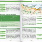 "Inhalt" auf rosa; links: Regionen und Seitenangaben mit bunter Karte; rechts: Touren, Wissen, QR-Code und Digitale Extras.