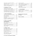 Es gibt eine Liste mit Liedtiteln und Seitenzahlen. Sie umfasst Themen wie "Spielieder", "Abschiedslieder" und mehr.