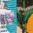 Eine Collage aus vielfältigen Farben und Texturen. Links ein historisches Gemälde von Soldaten, umgeben von bunten Mosaiken.